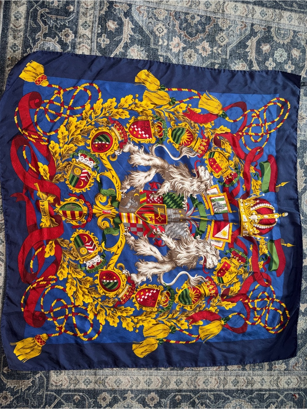 Gianfranco Ferre  Baroque Crest Silk-Style Scarf in Royal Blue, Gold & Red